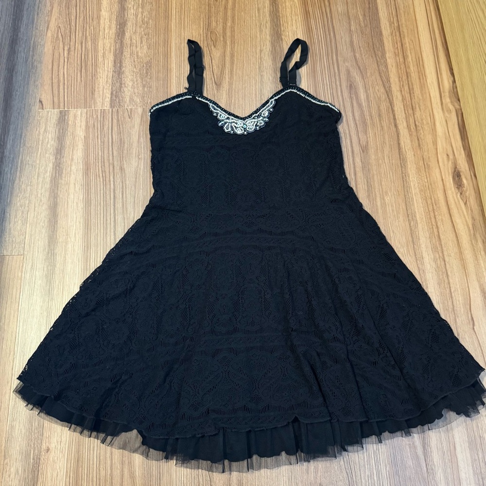 Free People Black Embroidered Lace Dress with Ruffled Details